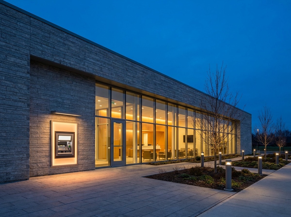 A bank branch at dusk with a lit lobby