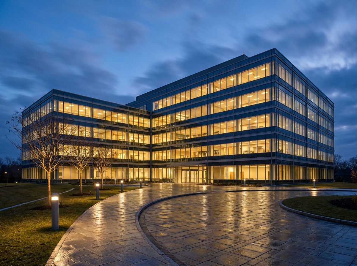 A glass office building at dusk with lit floors