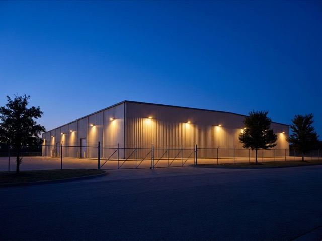 A manufacturing plant at dusk behind a perimeter fence
