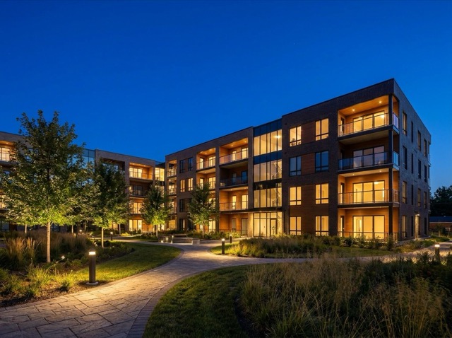 An apartment building at dusk with lit windows
