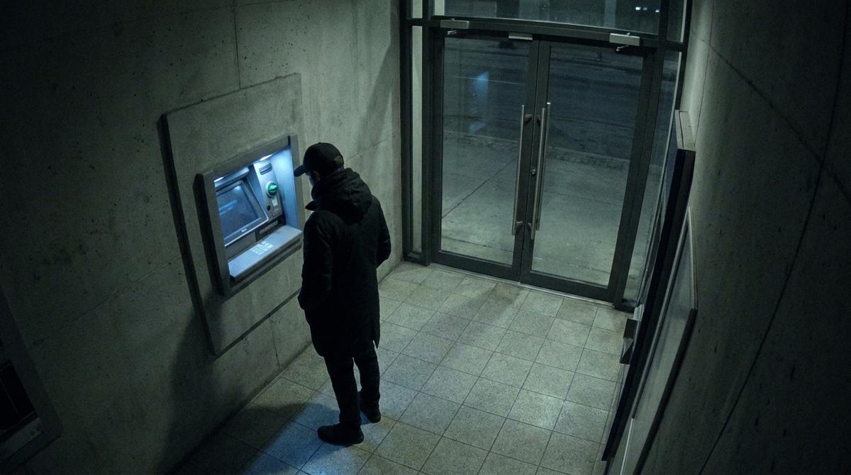 A security camera view at night of a person in a dark coat and cap standing at an ATM in a bank vestibule