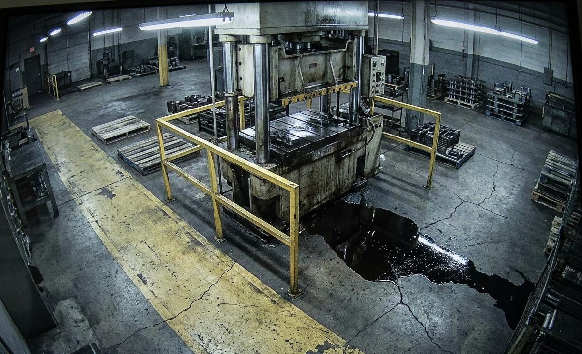 A security camera view of a factory floor with dark oil spreading on the concrete beside a hydraulic press