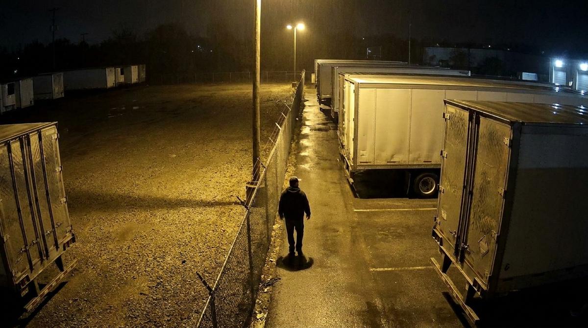 A security camera view at night of a person walking inside a truck yard’s chain-link fence beside parked trailers